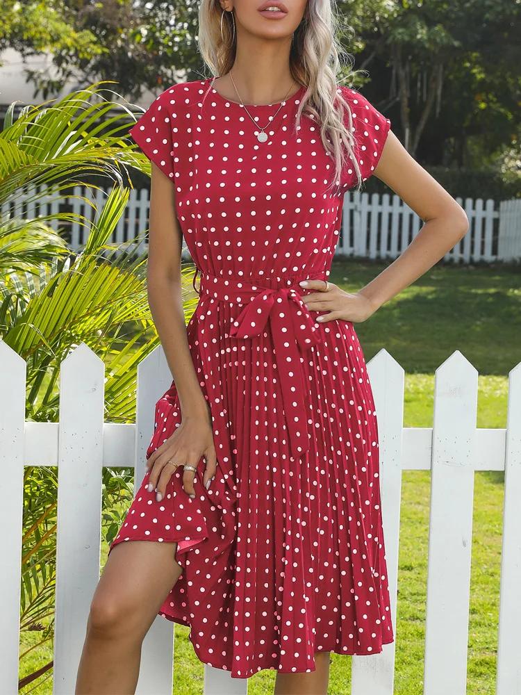 Benuynffy-Robe trapèze ceinturée à pois pour femmes, col rond, manches cape, longueur genou, froncée