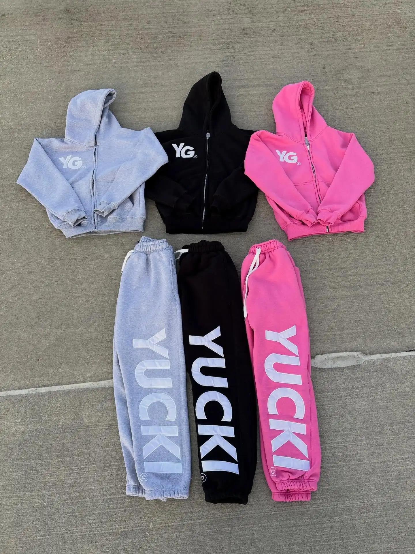 Ensemble de survêtement unisexe YUCKI pour couple, imprimé lettres, 2 pièces, sweat à capuche zippé 