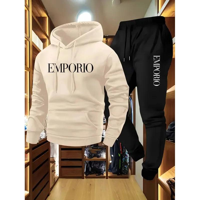 Ensemble jogging décontracté vert olive pour homme 2025 avec sweat à capuche EMPORIO imprimé et cord