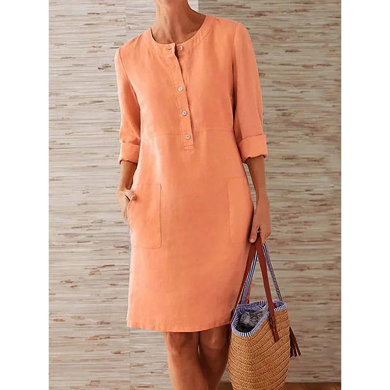 Robe tunique en coton et lin pour femmes, décontractée, solide, manches longues, Vintage, droite, ma