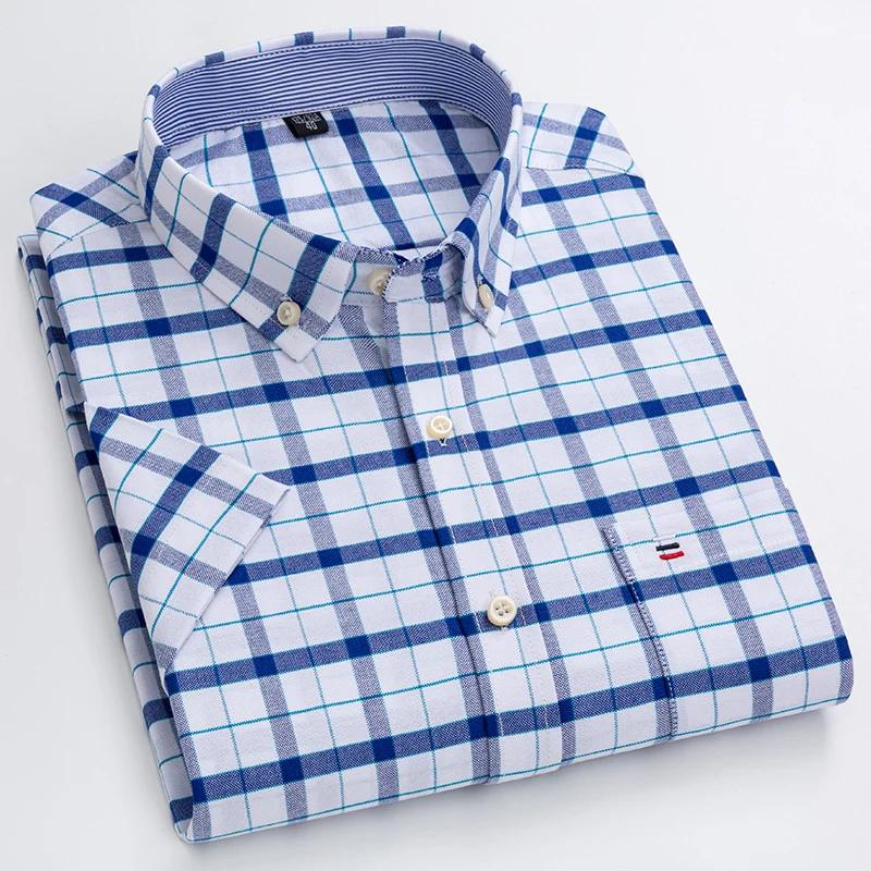 Chemise Oxford à manches courtes pour hommes, 100% coton, vêtements d'été à carreaux rayés, coupe ré