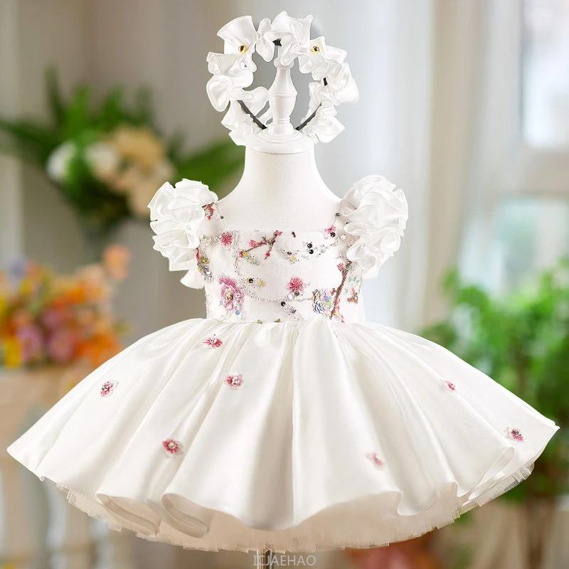 Robe de mariée en Satin blanc pour filles, tenue de princesse Tutu à manches flottantes, vêtements p