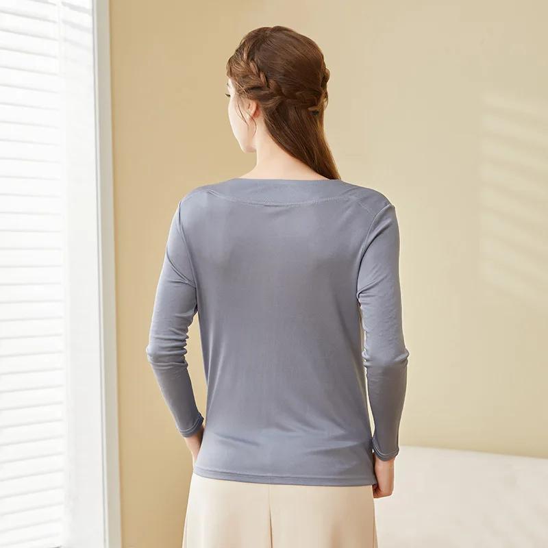 T-shirts en soie véritable Birdtree pour femme, col rond, uni, décontracté, manches longues, basique