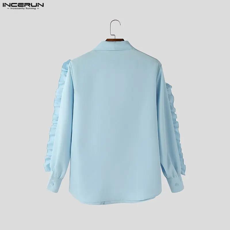 INCERUN hommes chemise couleur unie revers à manches longues à volants décontracté hommes vêtements 