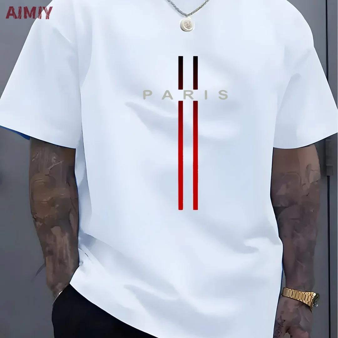 T-shirt à Manches Courtes et Col Rond pour Homme, Haut Décontracté, Imprimé de Lettres PARI, Été
