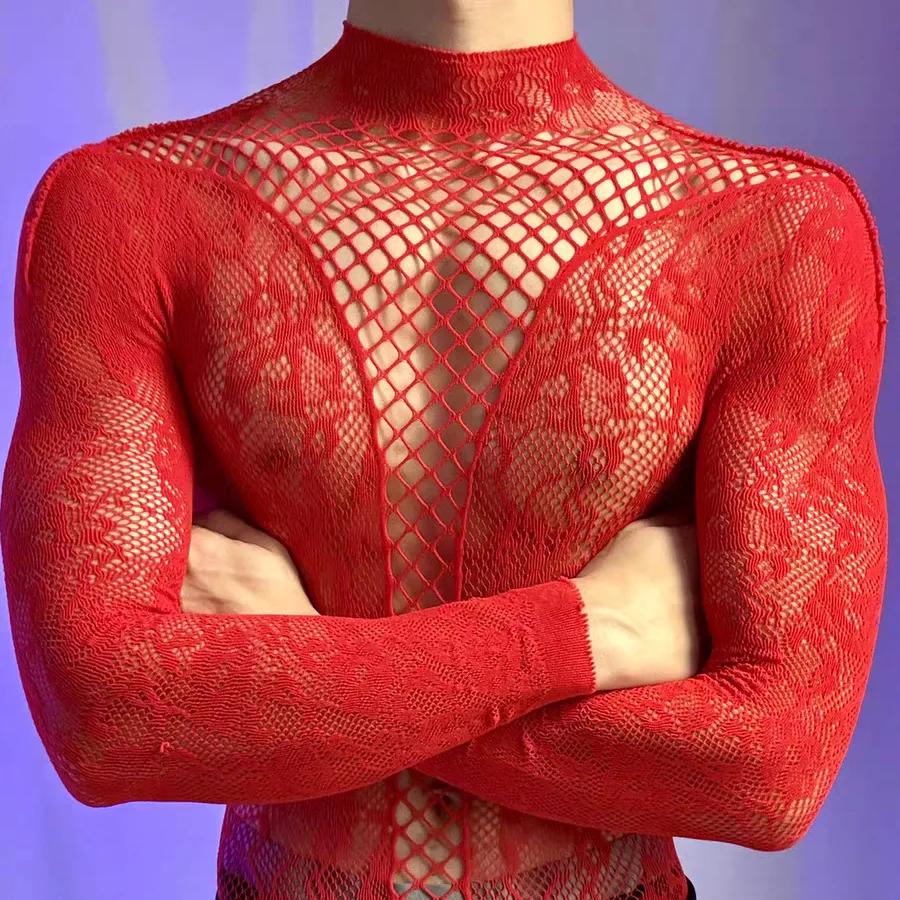 T-shirt d'été en maille transparente à manches longues et col rond pour hommes et femmes, combinaiso