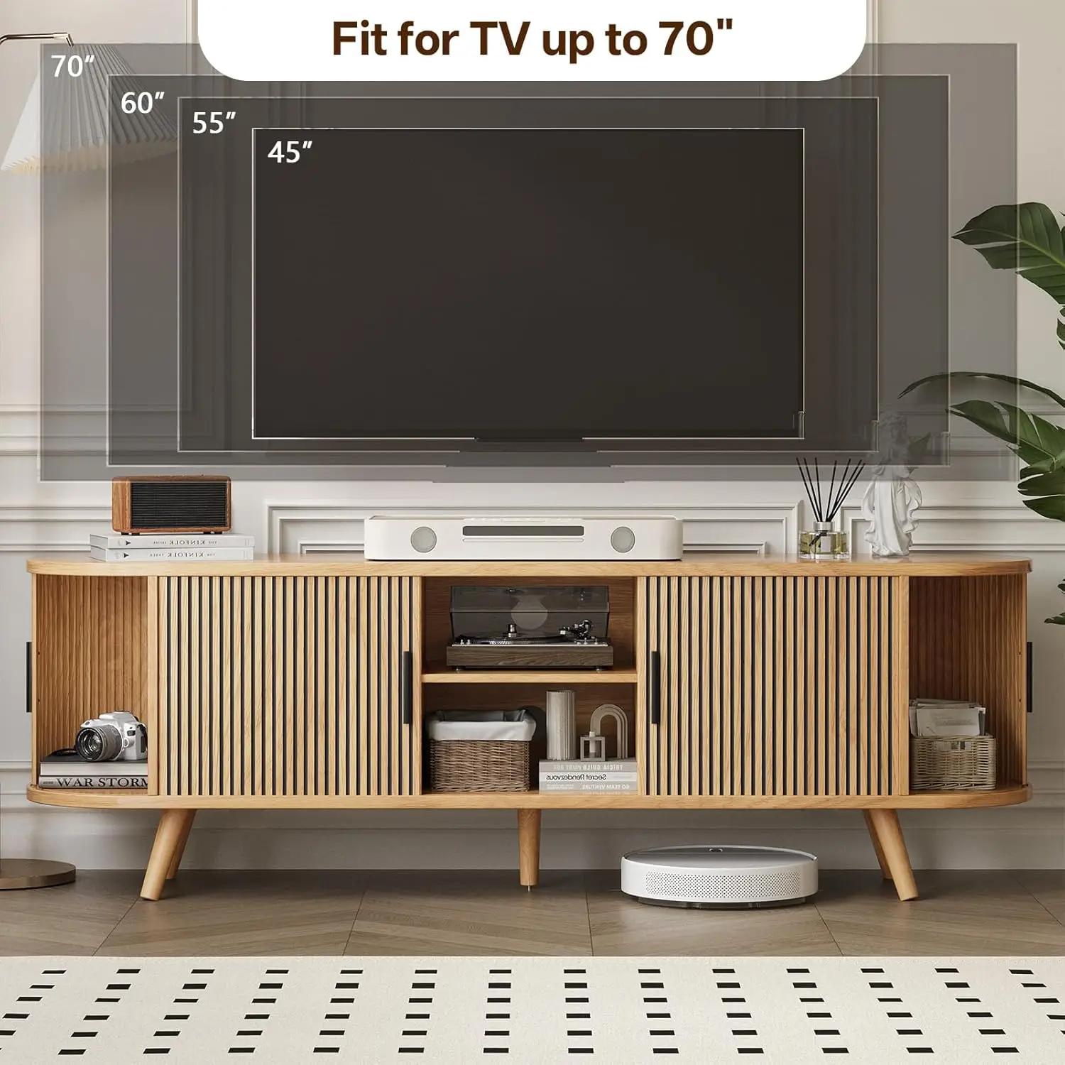 Meuble TV cannelé de 62 pouces de style Mid-Century avec porte coulissante, étagère réglable, consol