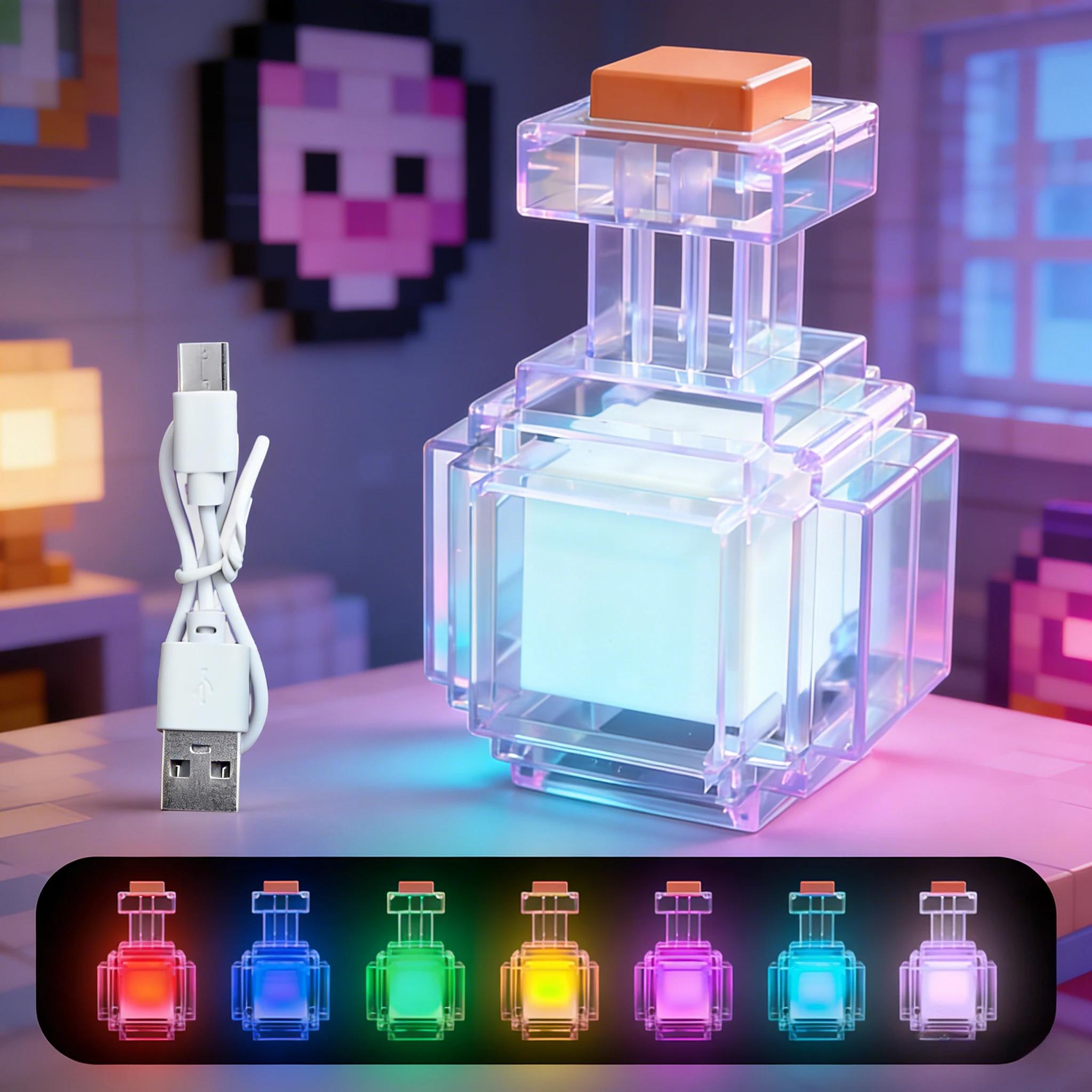 Lampe de nuit LED rechargeable en forme de bouteille de potion, 7 couleurs changeantes, style pixel,