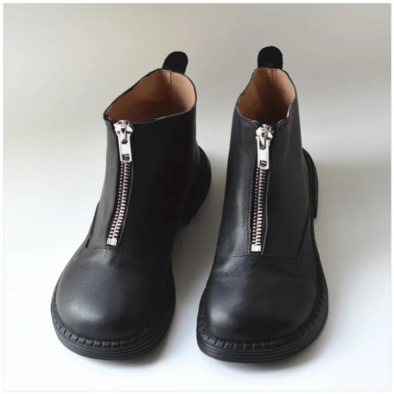 Bottes de chevalier rétro faites à la main pour femmes, bottes courtes en cuir naturel, bout large, 