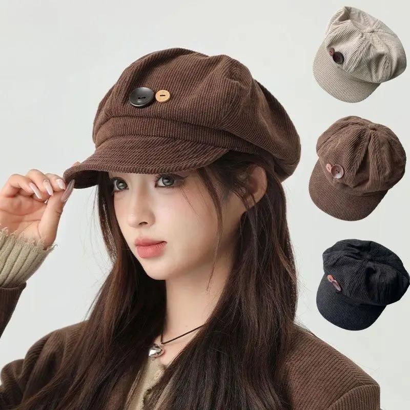 Béret Vintage en velours côtelé pour femmes, casquette octogonale à boutons coréens, chapeaux d'arti