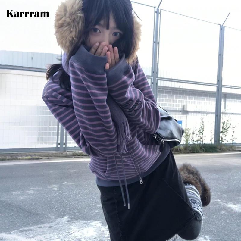 Karrram japonais Y2k violet rayé Cardigan 2000s Style col roulé tricoté veste Vintage Harajuku ferme