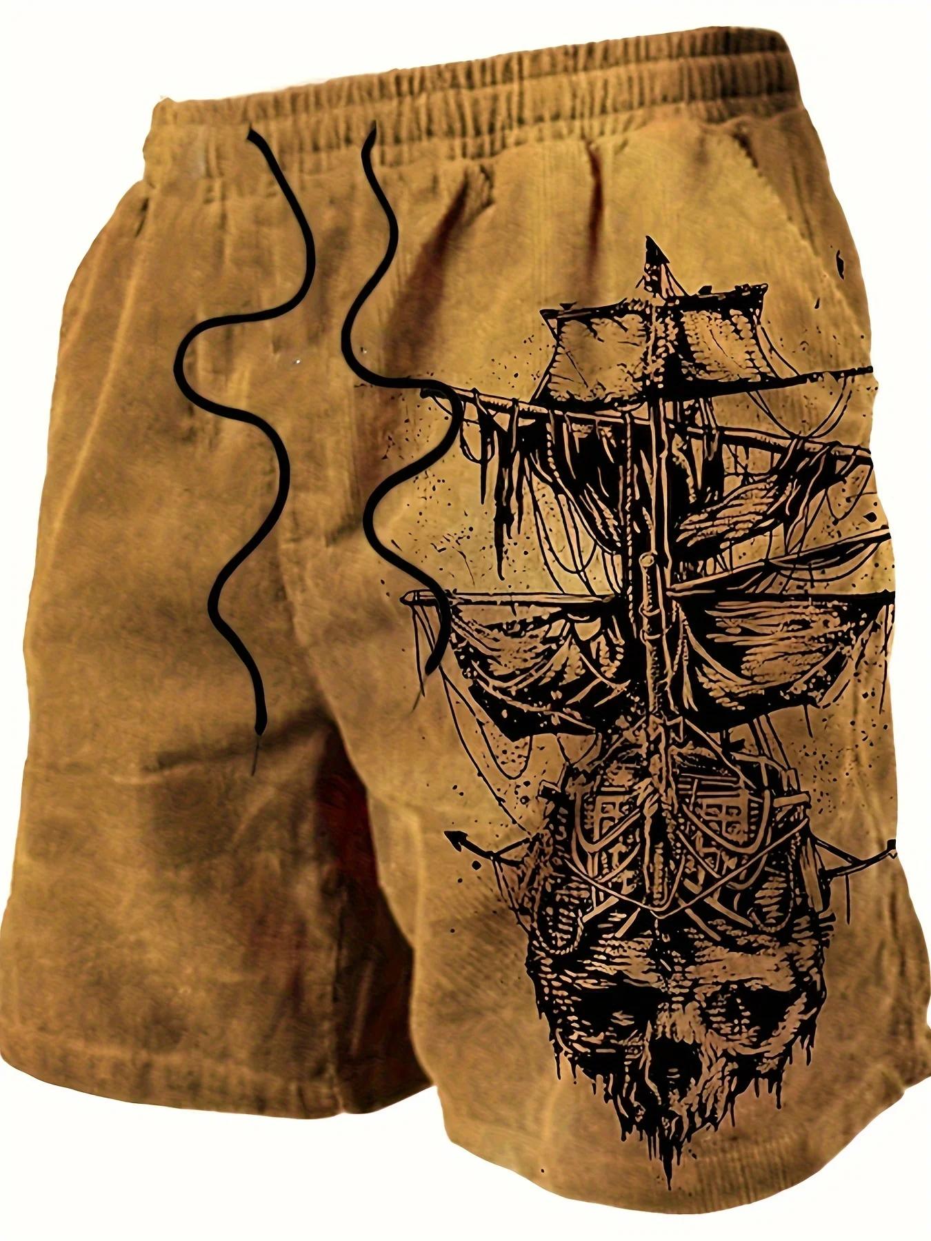 Short de bain pour hommes, séchage rapide, crâne de pirate, voilier, cordon de serrage, short de pla