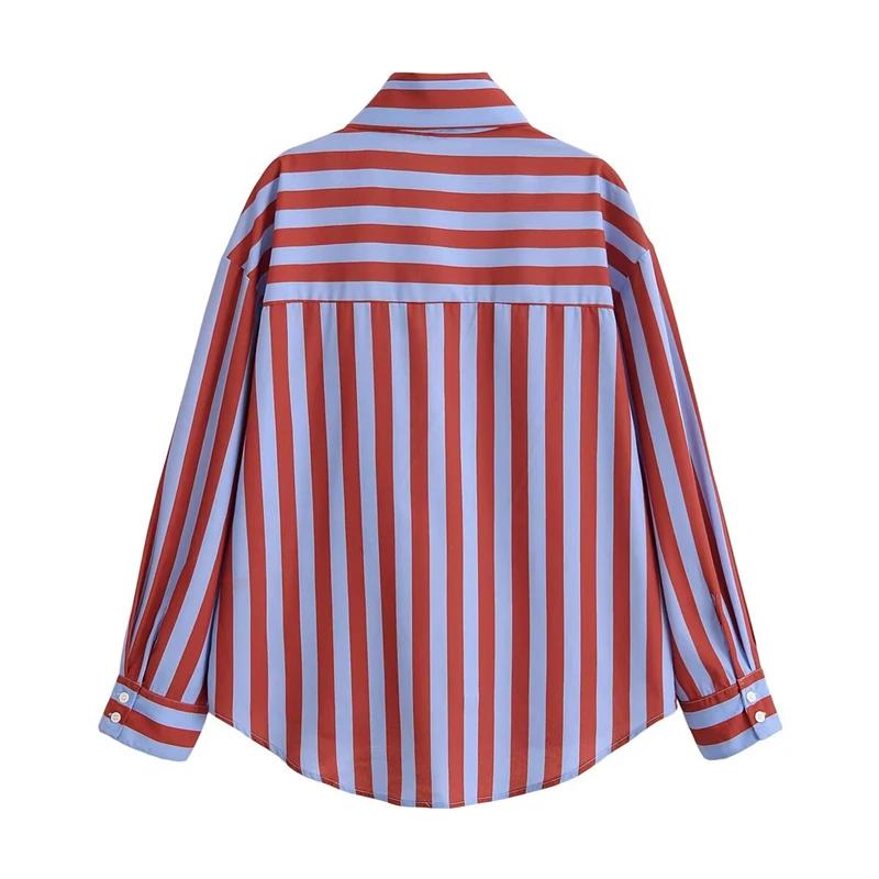 Chemise à rayures verticales rouges et bleues pour femmes, avec col noué, manches longues, ourlet in
