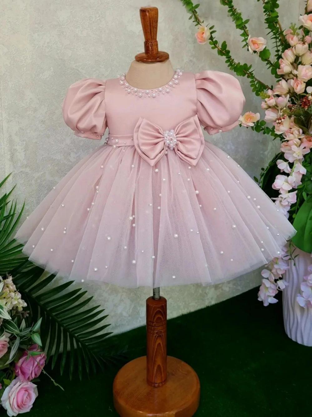 Robe rose à manches bouffantes et col rond pour fille, tenue de soirée de mariage, avec nœud brillan
