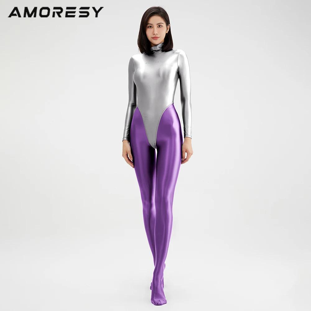 AMORESY femmes Sexy huile brillant une pièce maillot de bain collants à manches longues lisse col ha