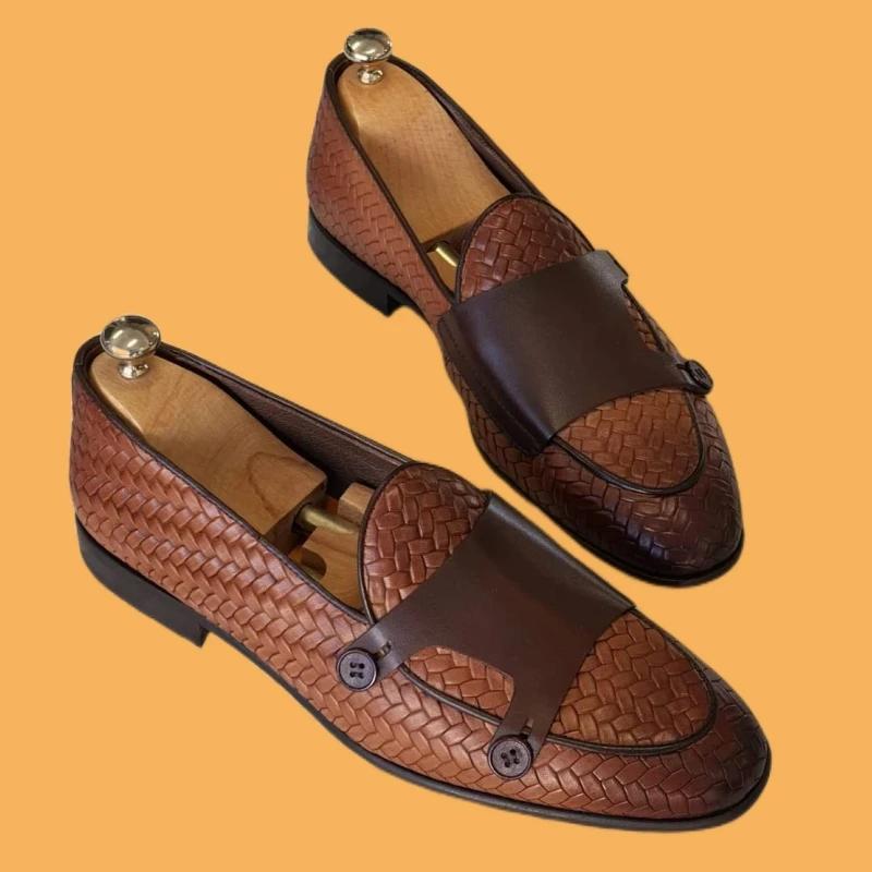 Mocassins d'affaires en cuir PU pour hommes, chaussures provoqué en tricot, marron, noir, fait à la 