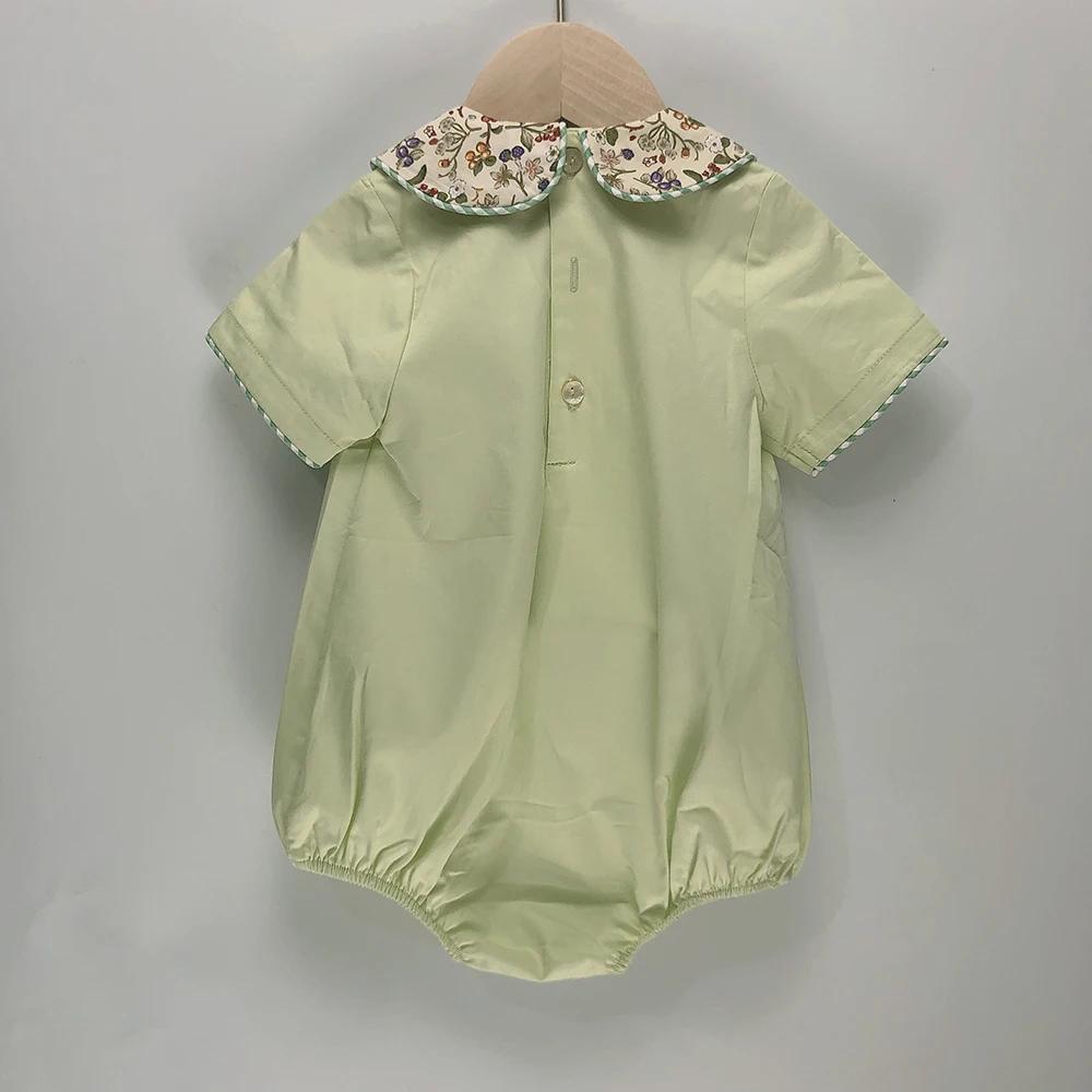 Vêtements de Boutique pour Enfant, Barboteuse à Manches Courtes en Coton Vert, Imprimé Floral, Col à