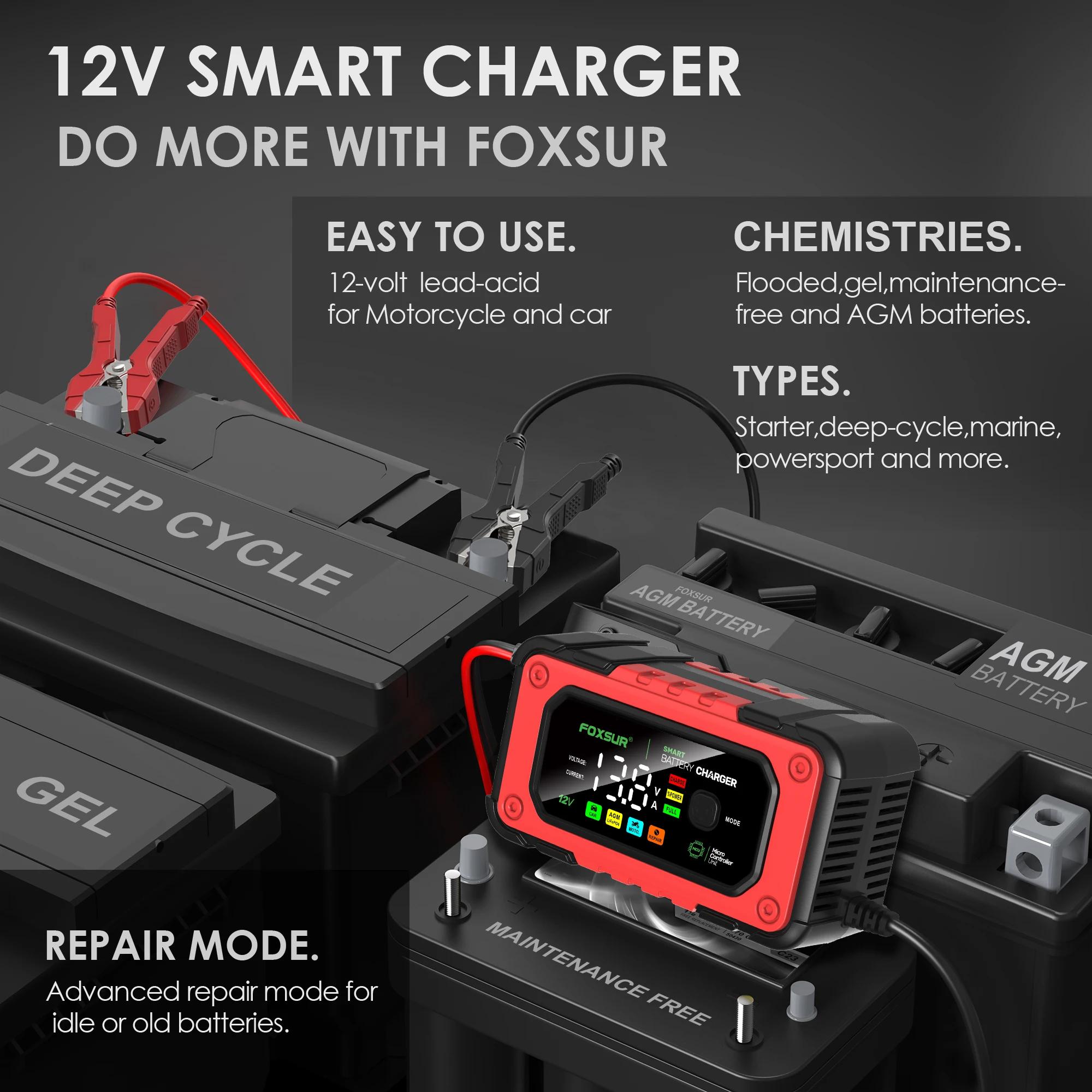 FOXSUR-Chargeur intelligent de batterie de voiture, 12V, 7A, AGM, GEL veFePO4 24.com, déLongues ateu