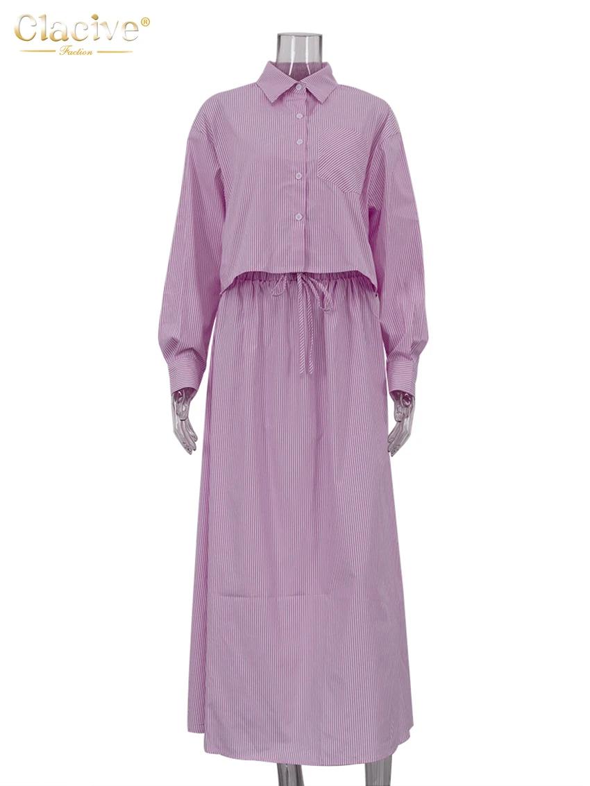 ClacMarkets-Ensemble 2 pièces à rayures roses pour femmes, chemise élégante à manches longues, jupes