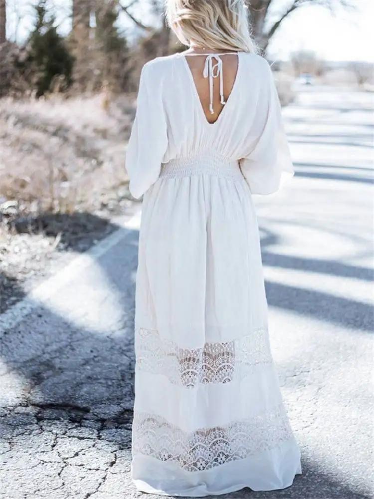 Robe longue d'été en coton blanc pour femmes, style bohème, sexy, décolleté en V profond, demi-manch