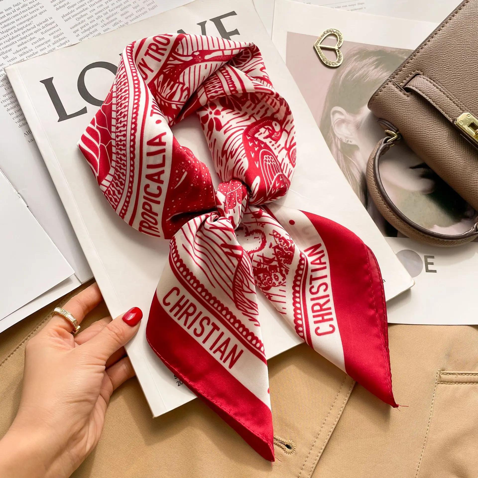 Foulard carré imprimé pied-de-poule pour femmes, 1 pièce, 70cm, lettres christiennes en soie, à la m