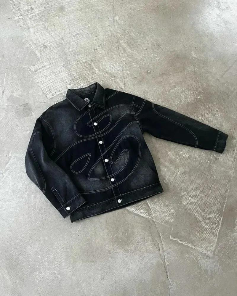 Patch Jeans Veste brodée à rayures rétro Ensemble deux pièces Costume Y2k pour hommes Harajuku hipho