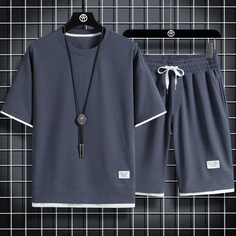 Ensemble de sport d'été pour hommes, T-Shirt + Short décontracté, couleur unie gaufrée, Short à manc
