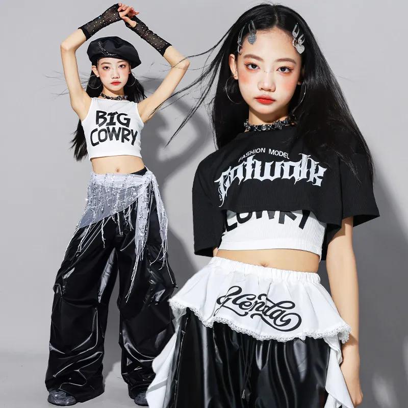 Costume de danse Hip Hop pour enfants, hauts noirs à manches courtes, pantalons en cuir, vêtements d