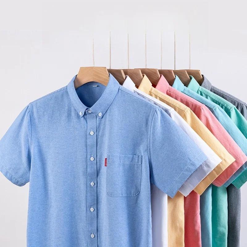 Chemises Oxford 100% coton pour hommes, manches courtes, couleur unie, coupe régulière, chemise form