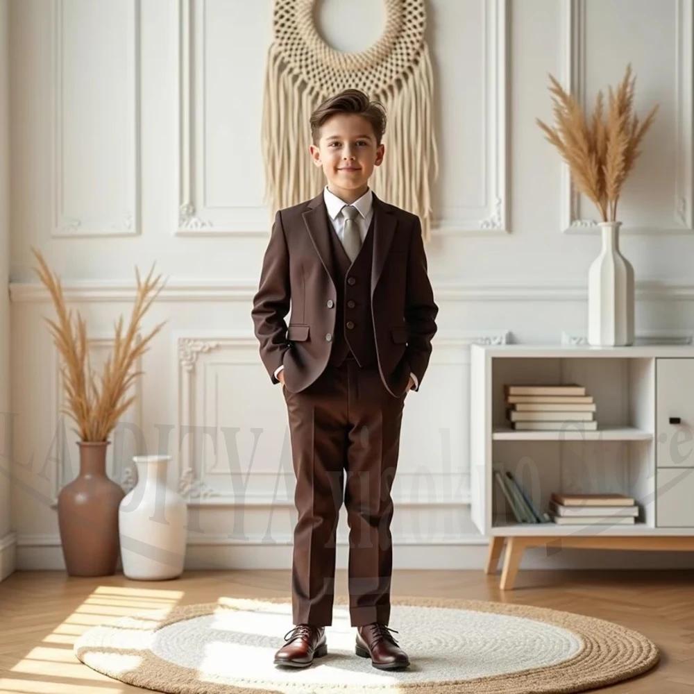 Costume 3 pièces pour enfants, style mode, revers cranté, couleur unie, pour garçons, mariage, cérém