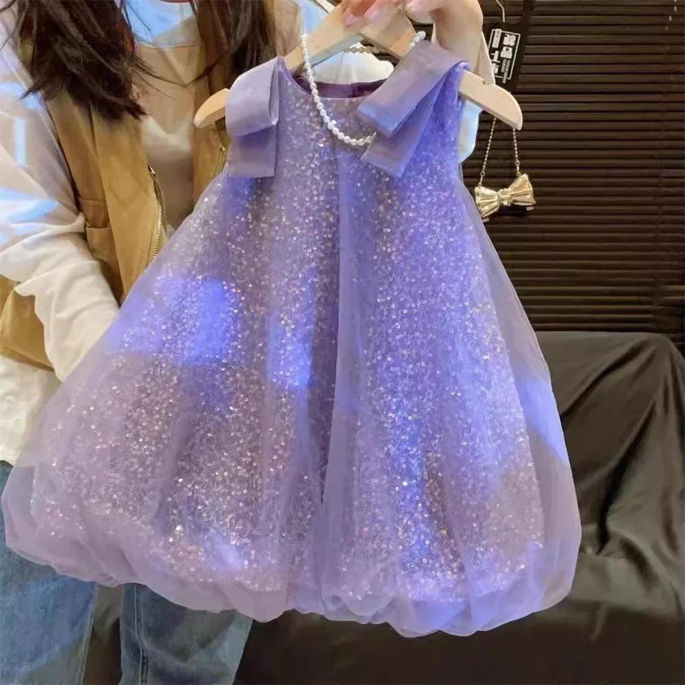 Robe d'été en dentelle à paillettes pour filles, tenue de princesse à bulles, avec nœud, Version cor