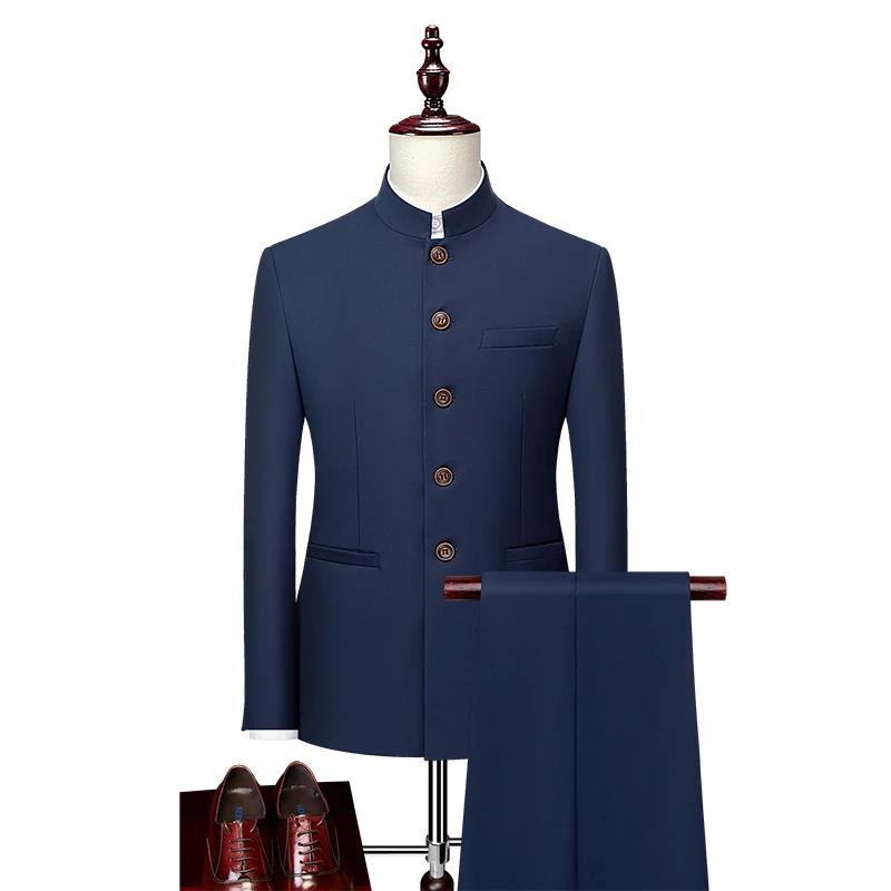 Zhongshan – costume d'affaires décontracté pour hommes, élégant, col montant, ensemble deux pièces, 
