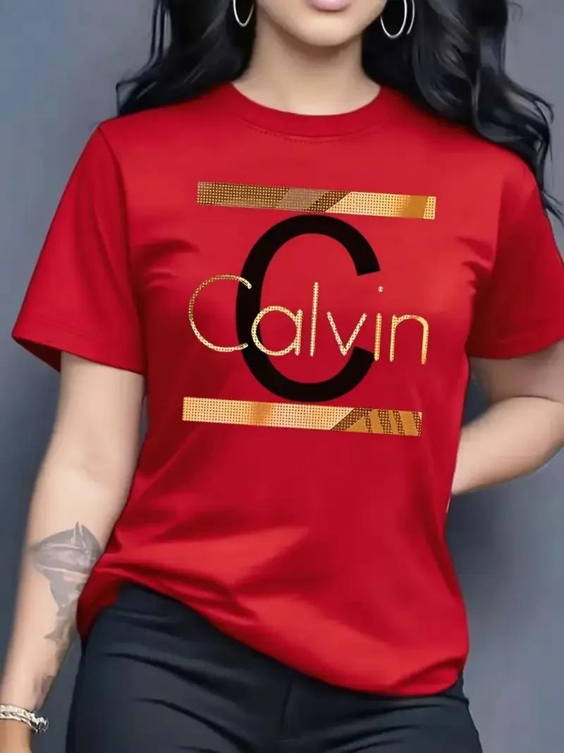 T-shirt sportswear décontracté pour femme, motif lettres Calvin, col rond, manches courtes, style Y2
