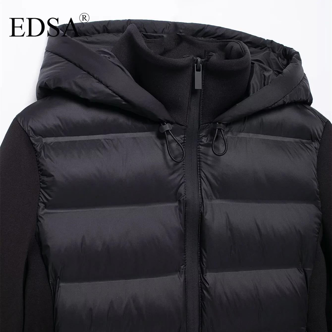 EDSA Veste rembourrée noire pour femme, capuche réglable avec bouchons, col haut, manches longues, p