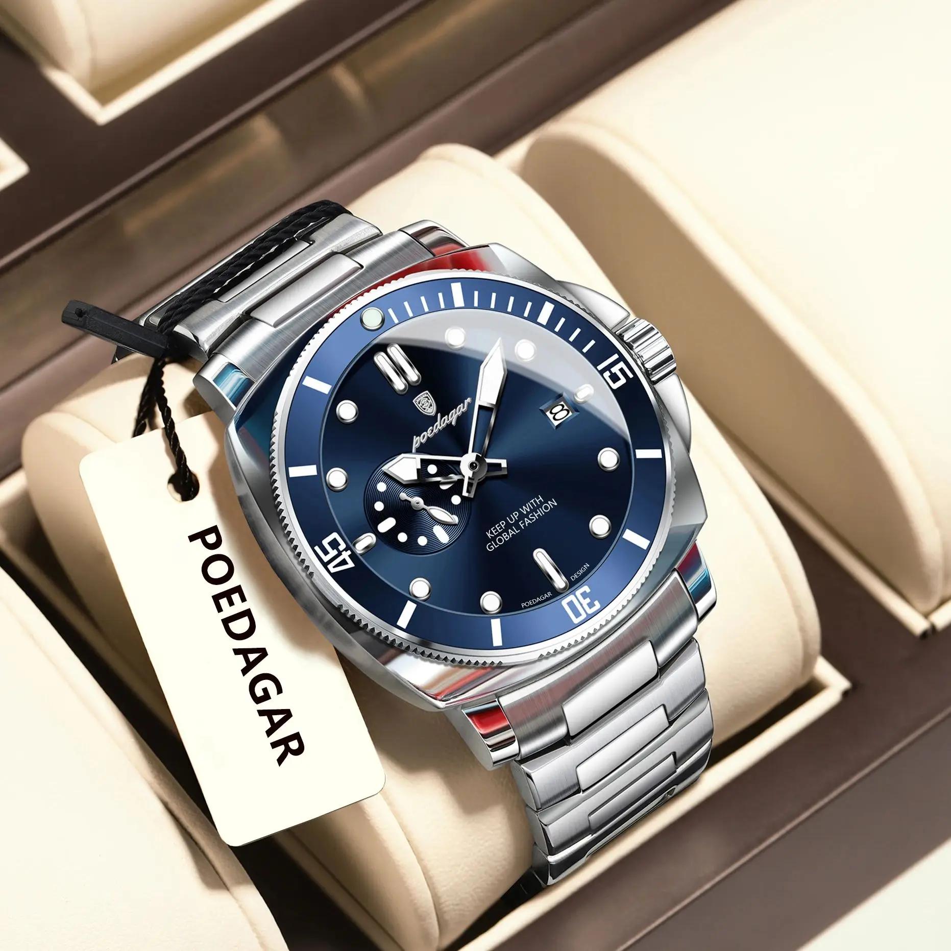 POEDAGAR haut à la mode montre de luxe pour hommes étanche lumineux Date montres pour hommes en acie
