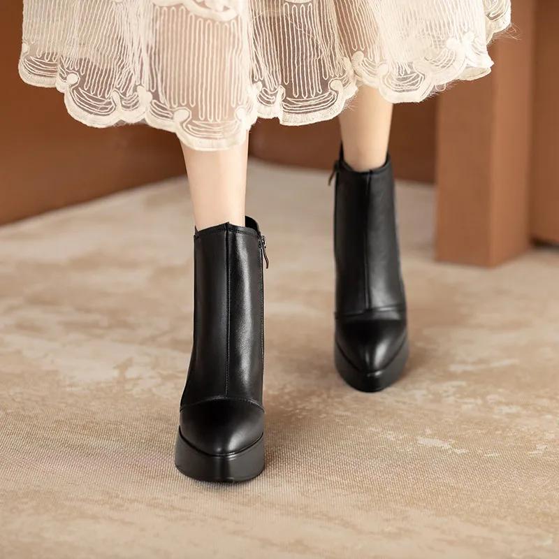 MKKBathroom-Bottes courtes en cuir pour femmes, bottes compensées pointues, bottes de rinçage décont