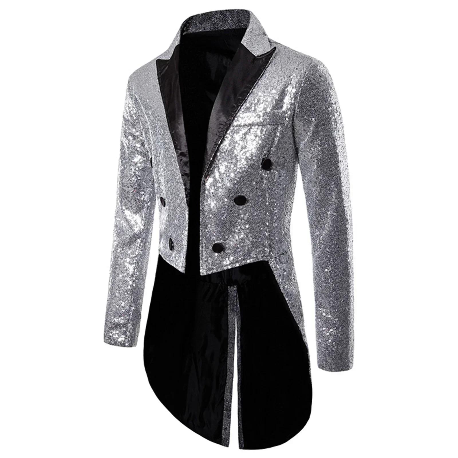Manteau de luxe à paillettes brillantes pour hommes, Costume de cirque à revers, tenue de smoking po