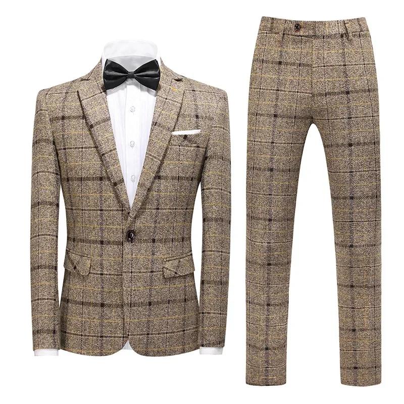 Blazer et pantalon en lin à carreaux pour hommes, mode masculine, affaires, gentleman, mariage, déco