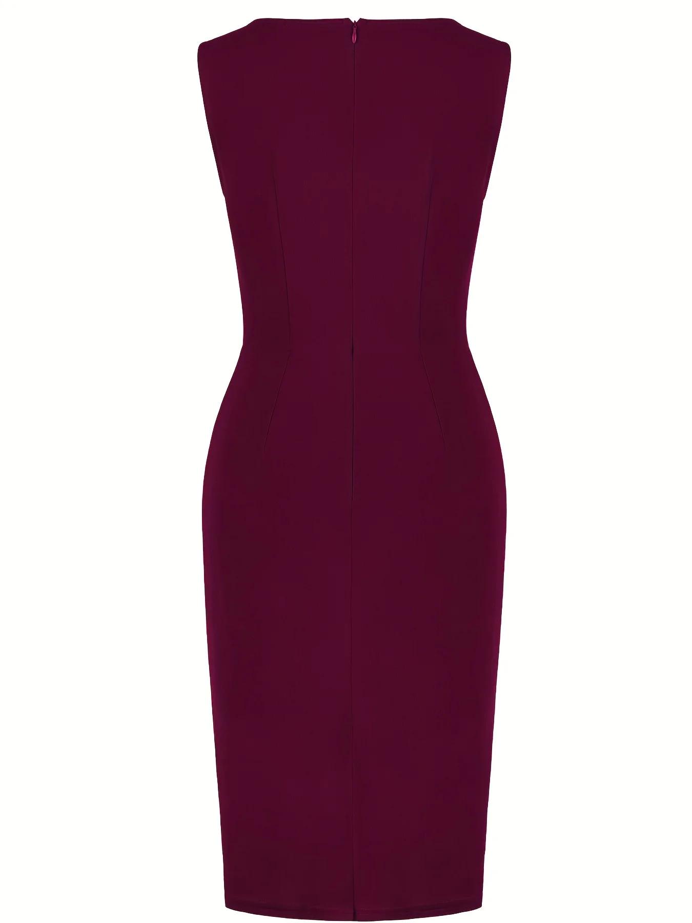 Robe fourreau élégante pour femme, col rond, sans manches, style vintage, ajustée, pour le travail, 