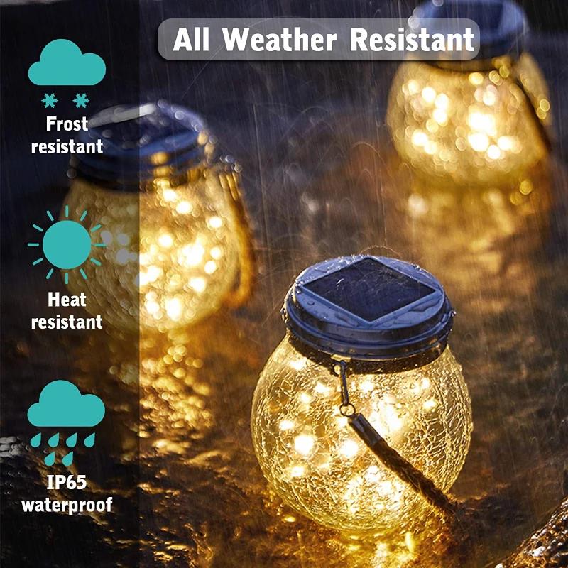 Lampe solaire en pot de verre fissuré, étanche IP65, 30led, blanc chaud et coloré, guirlande lumineu