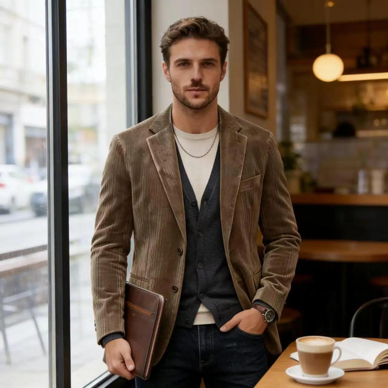 Blazer en velours côtelé pour homme, décontracté, double face, en coton, coupe ajustée, revers crant