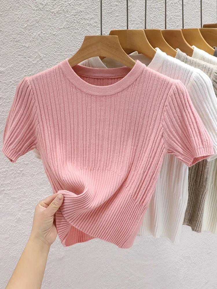 T-shirts d'été 2026 pour femmes – Décontractés, style coréen, tricotés, streetwear, basiques, unis, 