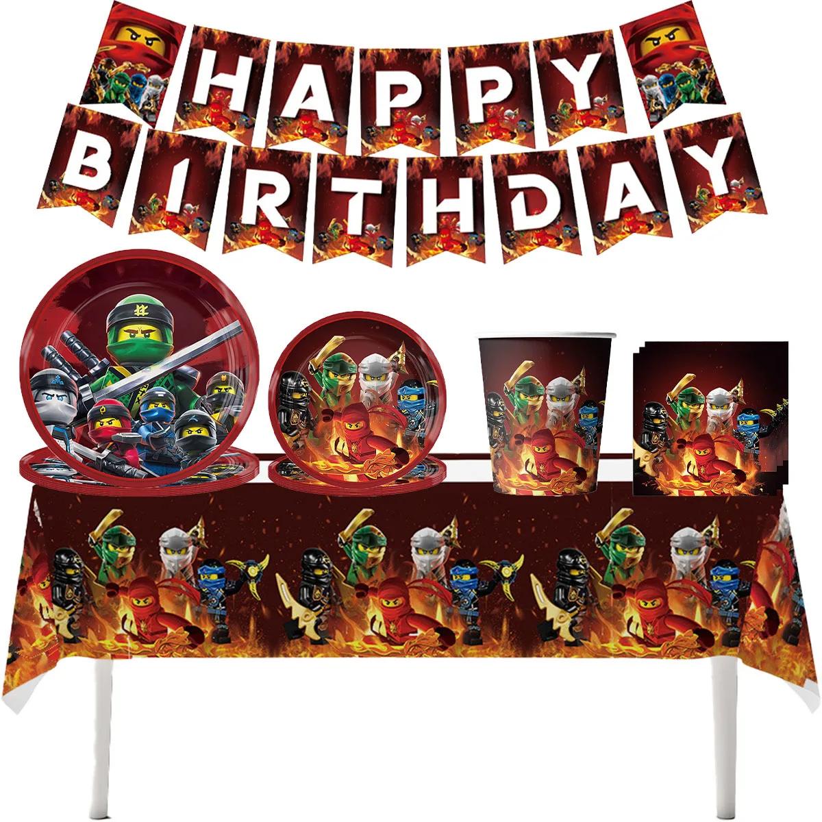 Décorations de fête d'anniversaire sur le thème de Ninjago, ballons Ninja, vaisselle, assiettes en p