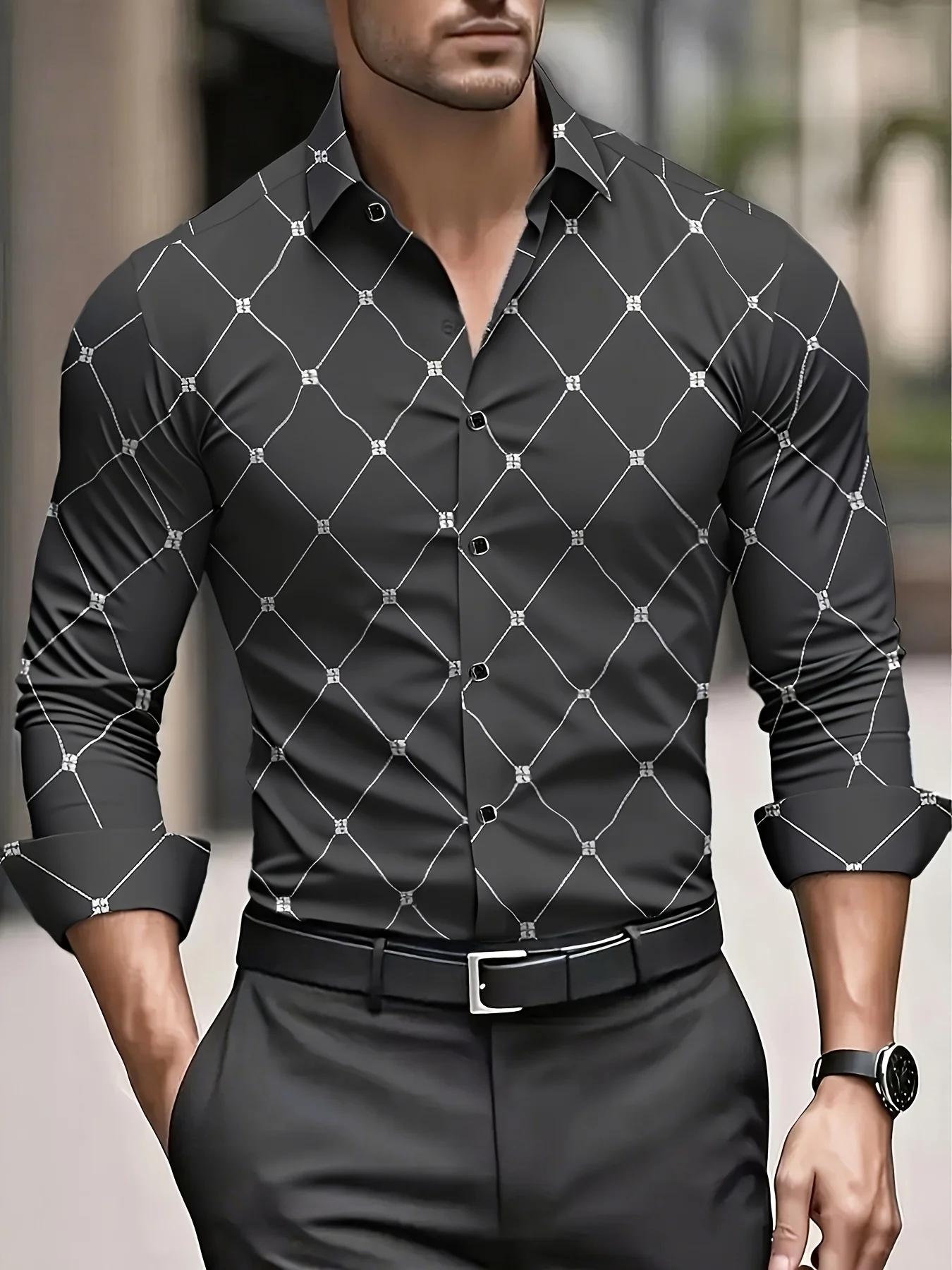 Chemise élégante à manches longues pour hommes à imprimé géométrique, chemise boutonnée décontractée