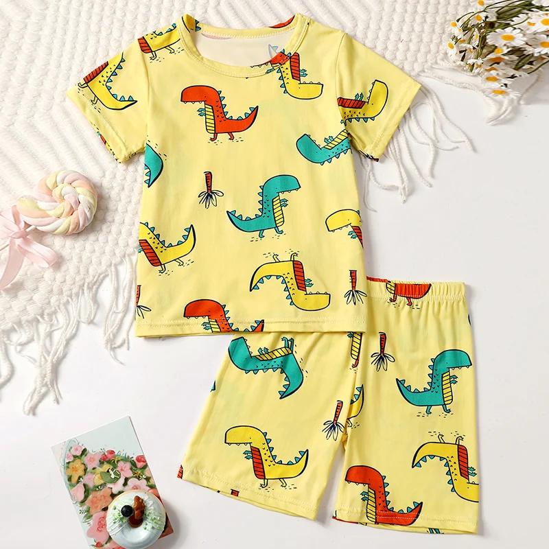 Costume été 2 pièces enfant imprimé dinosaure Joker confortable fille manches courtes rose