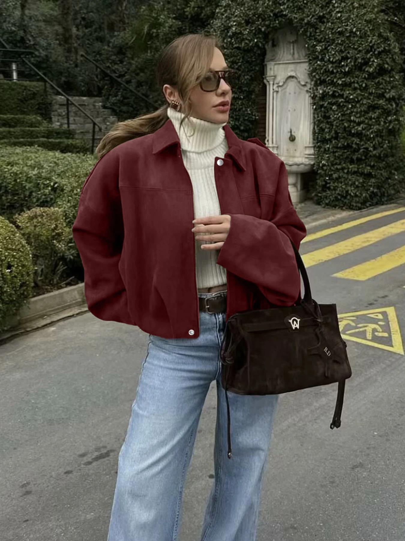 Blouson aviateur pour femme avec manches chauve-souris et fermeture éclair, haut décontracté