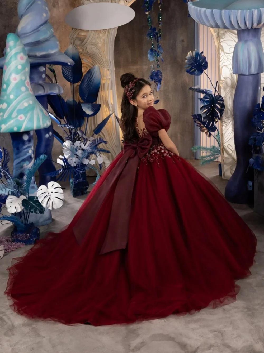 Robe de princesse en dentelle bordeaux avec appliques, tenue de spectacle pour enfants, manches bouf