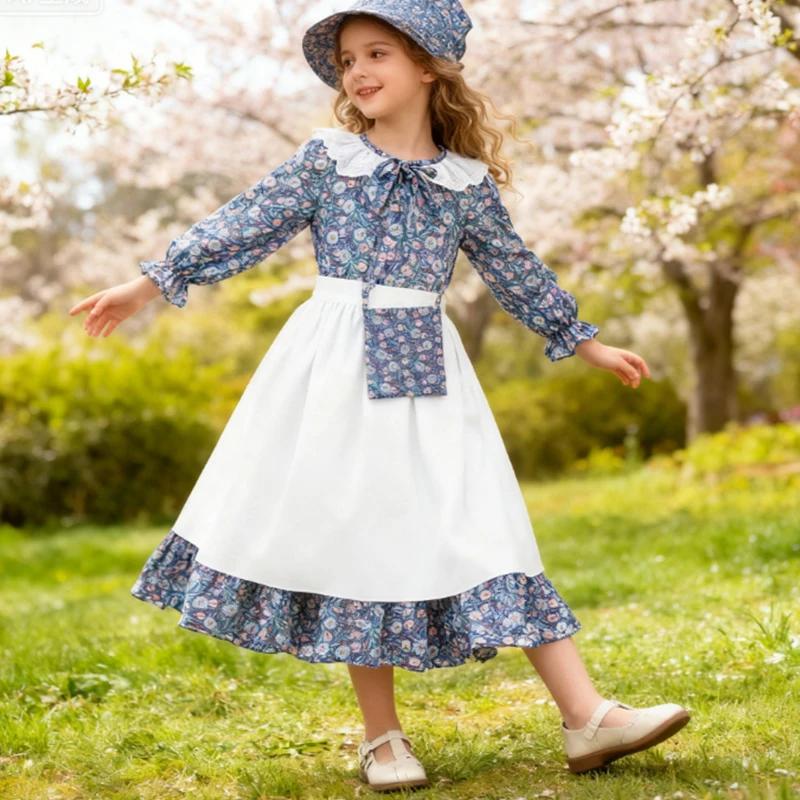 Costume de fête de carnaval pour filles, robe de princesse à fleurs pour enfants, robe pionnière des