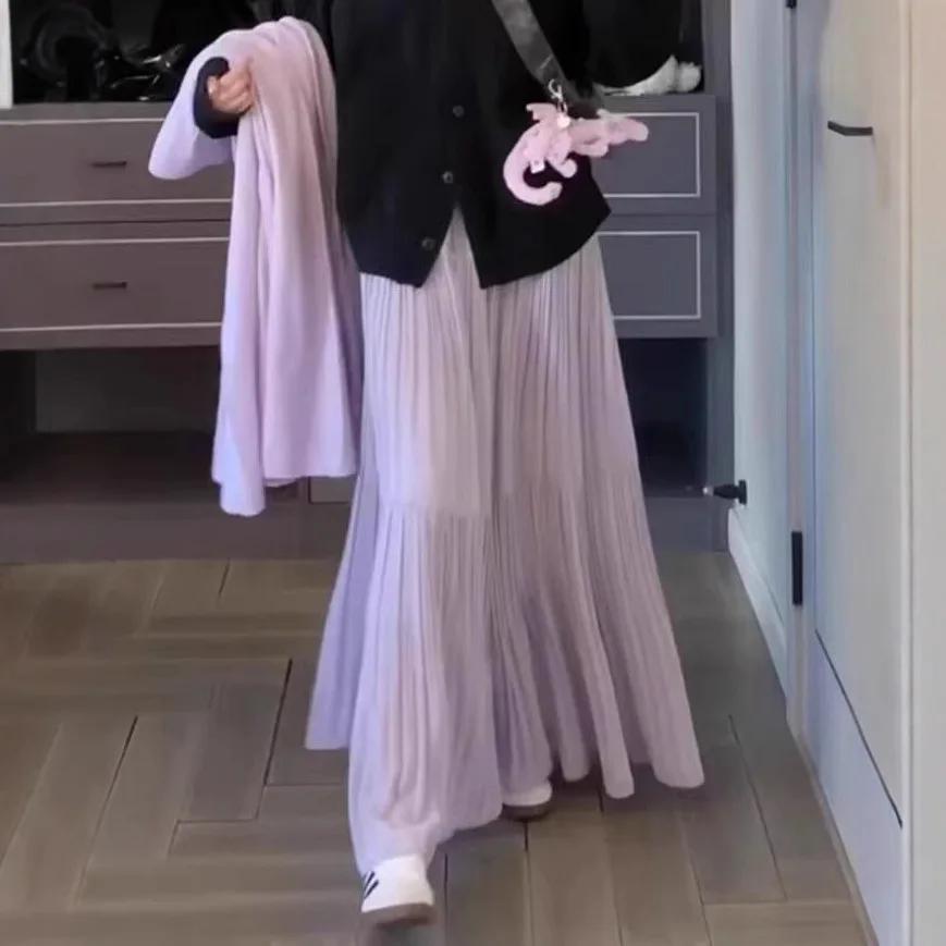 Femmes printemps et été tendance taille haute plissée jupe longue décontracté élégant solide a-ligne