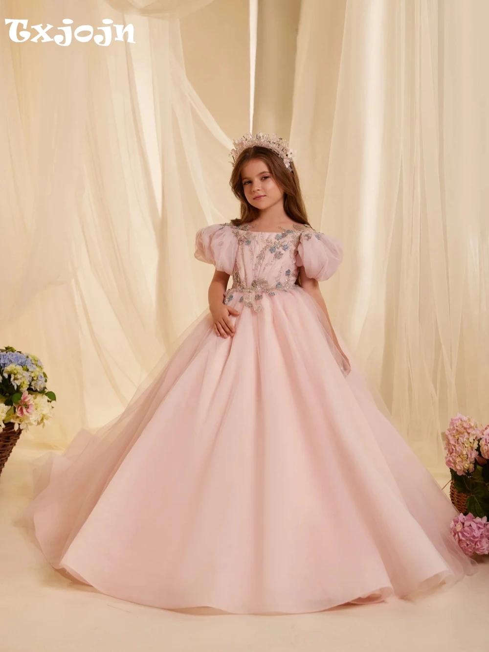 Robe de princesse en dentelle perlée brodée rose pour filles, tenue de fête d'anniversaire avec nœud